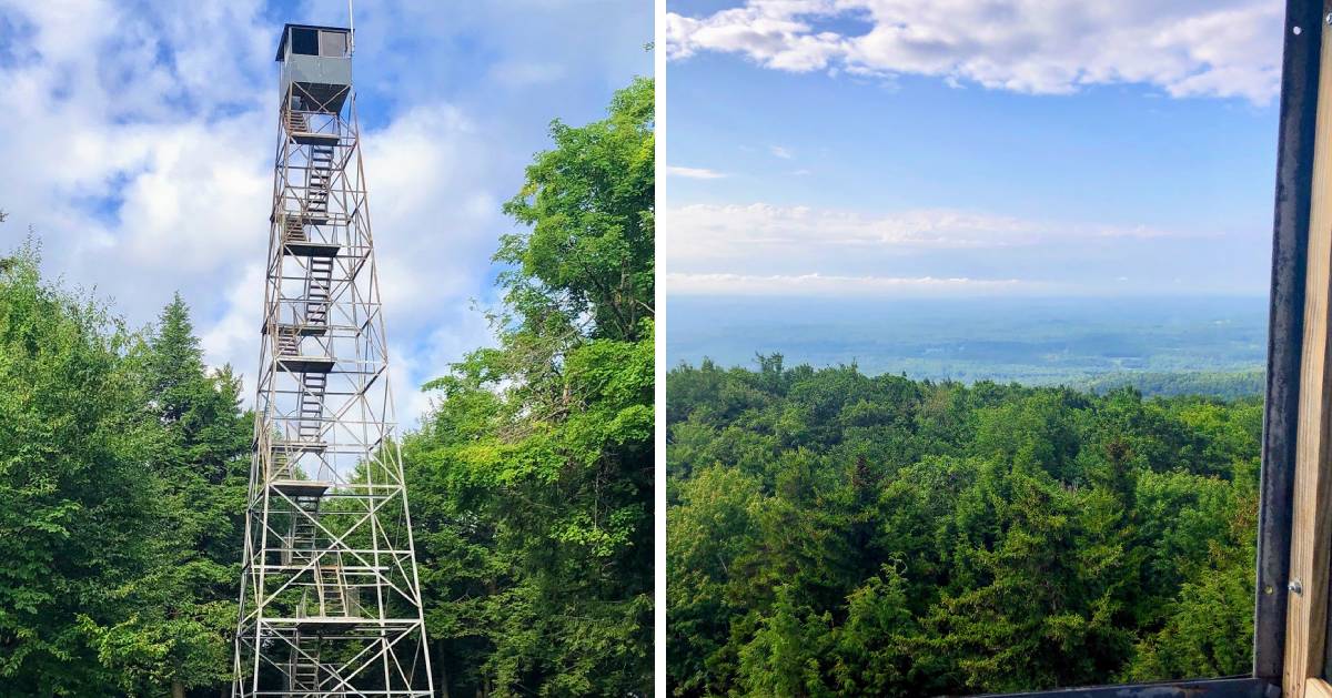 split image with fire tower on the left and view from fire tower on the right