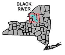 Black River highlighted on a NY State map