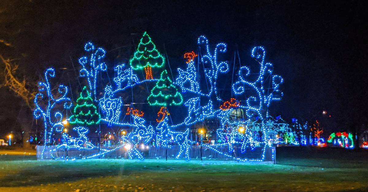 outdoor holiday lights display in the shape of reindeer and trees