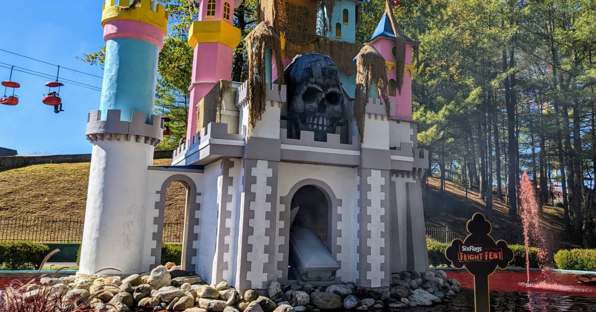 princess castle at Great Escape decorated for fright fest with skull, blood water, etc.