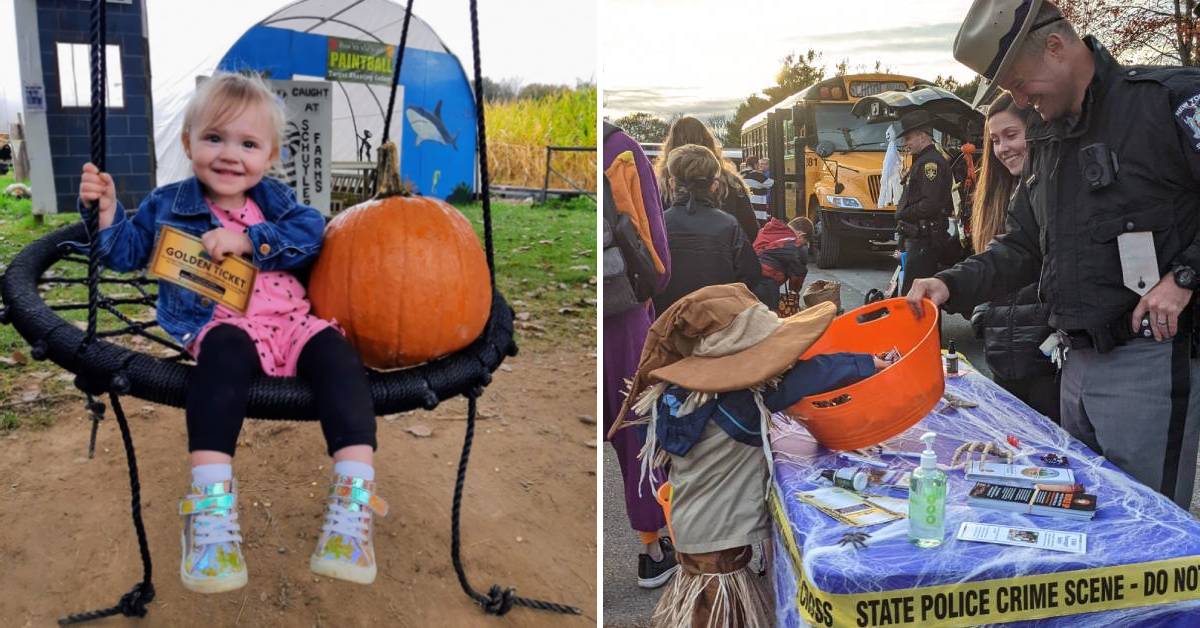 girl on swing with pumpkin on left, boy trunk or treats on the right