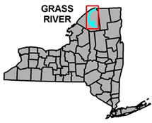 Grass River highlighted on a NY State map