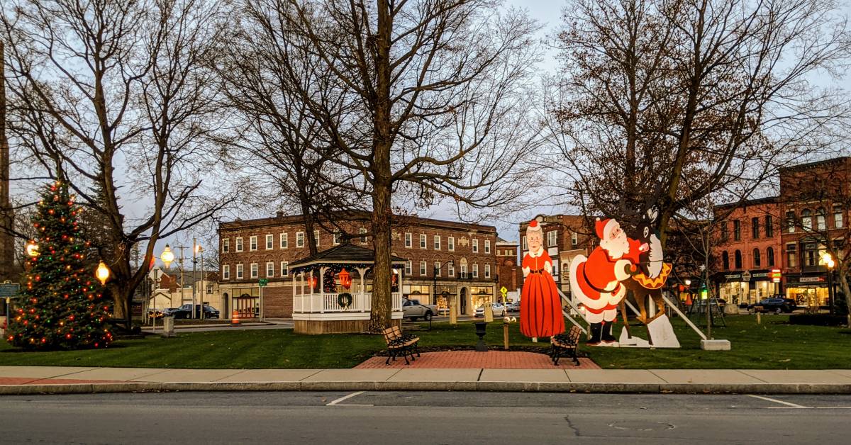 village square decorated for Christmas