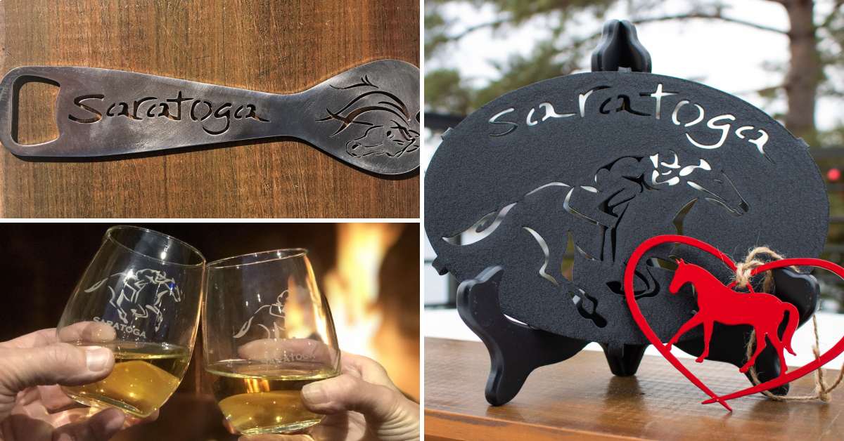collage of images of a bottle opener, stemless wine glasses, and a trivet with Saratoga Springs themes