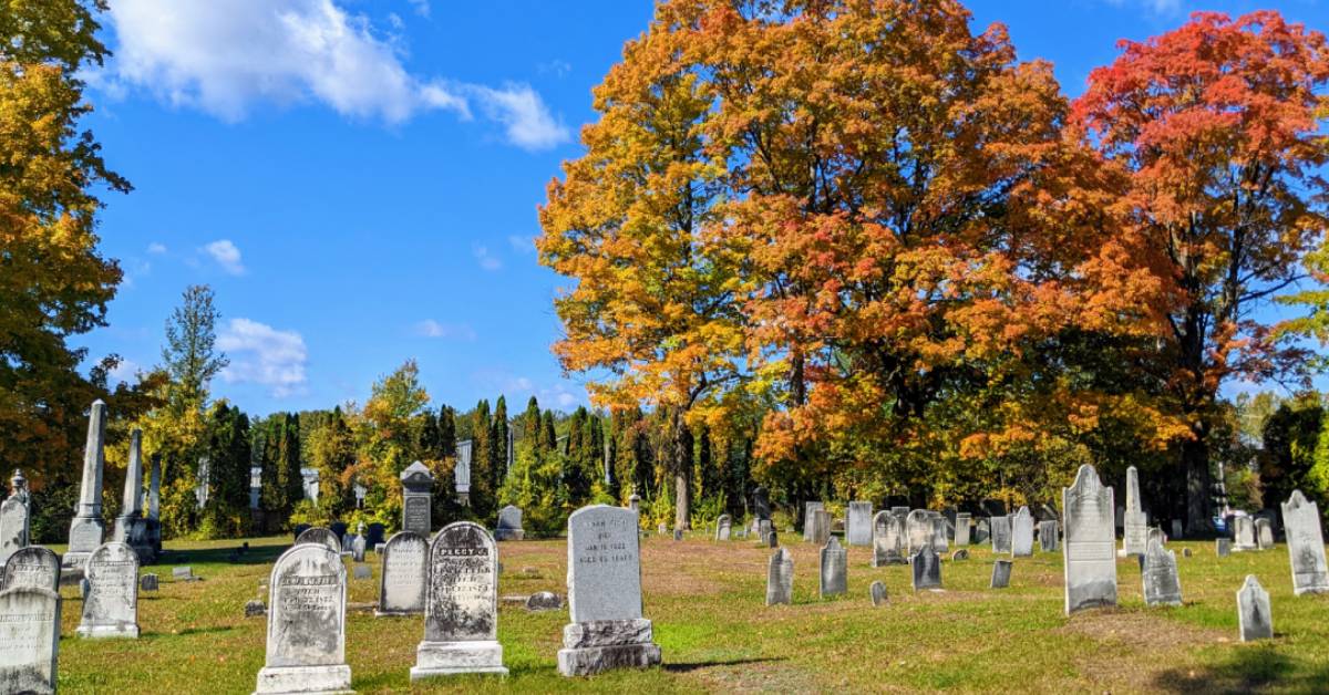 cemetery with trees nearby that have bright orange colors