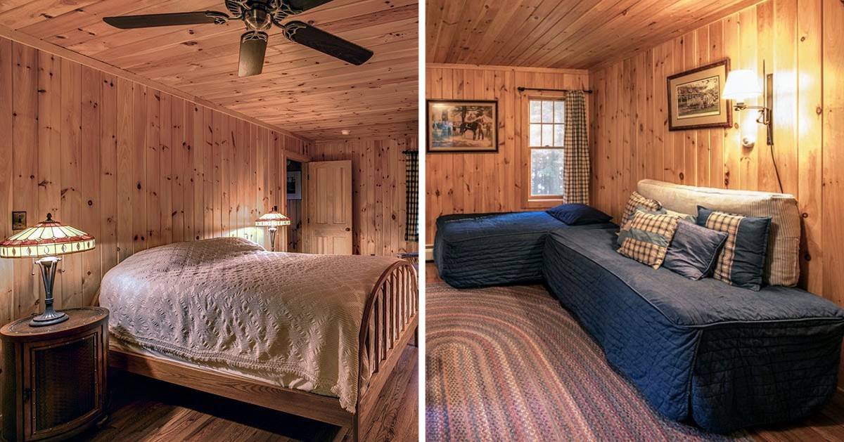 split image with cabin bedroom on left and sitting area on right