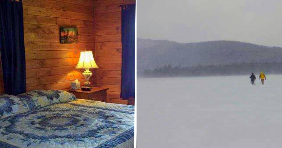 split image with bed on left and people snowshoeing in the distance on the right