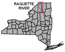 Raquette River highlighted on a NY State map