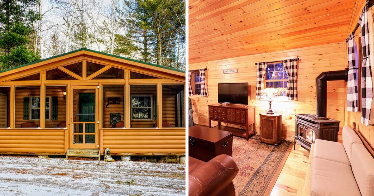 split image with cabin on left and inside of cabin on the right