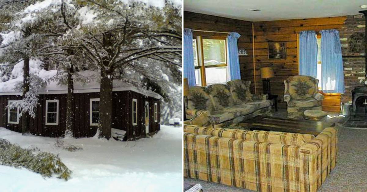 split image with cabin in winter on the left and living room on the right