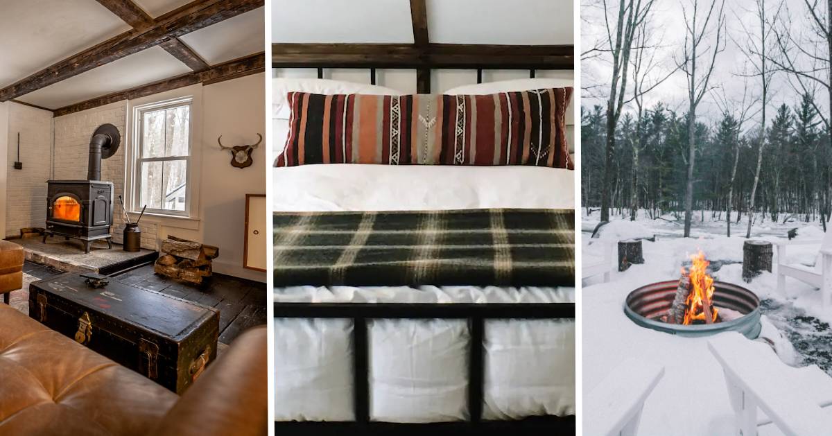 image split in three with living room, bed, and outdoor fire in winter