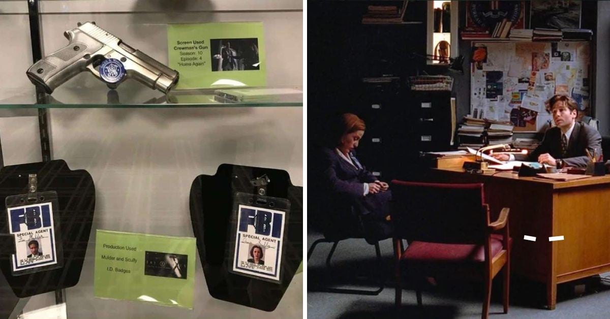 left images of prop fbi badges and a gun, and a right image of a man and woman sitting at a desk