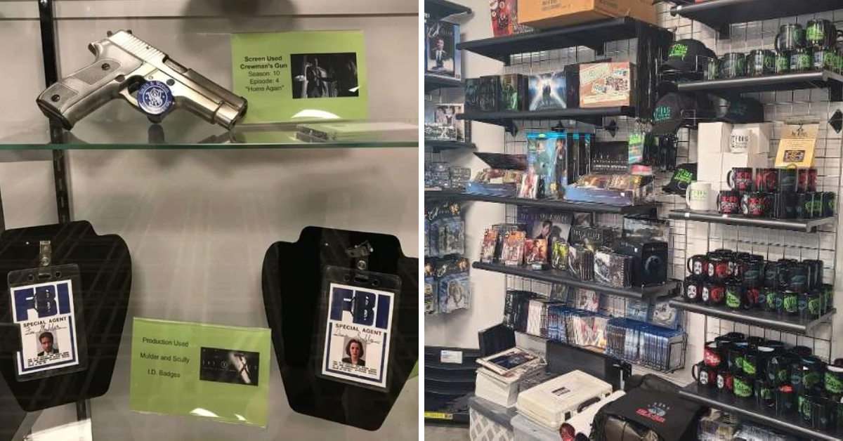 left image of fbi badges and prop gun and right image of collectibles from the x-files