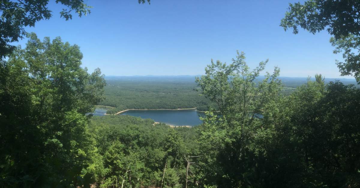 view over Moreau Lake State Park on a summer day