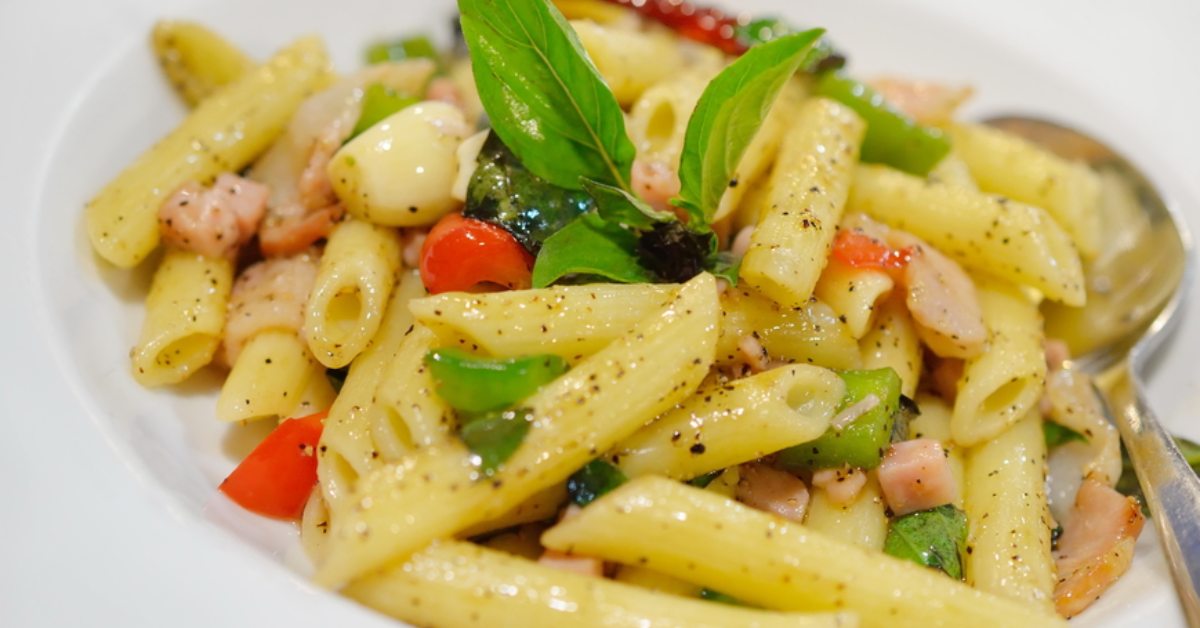 italian pasta dish on a white plate