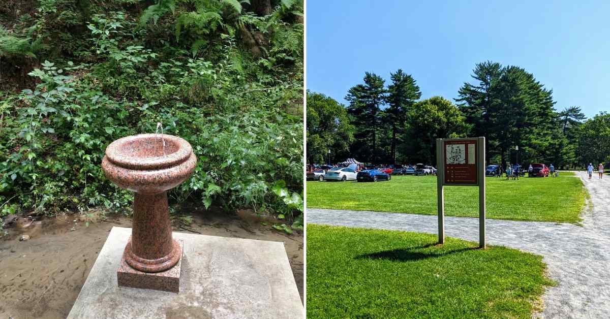 split image, ferndell spring on the left, trailhead on the right