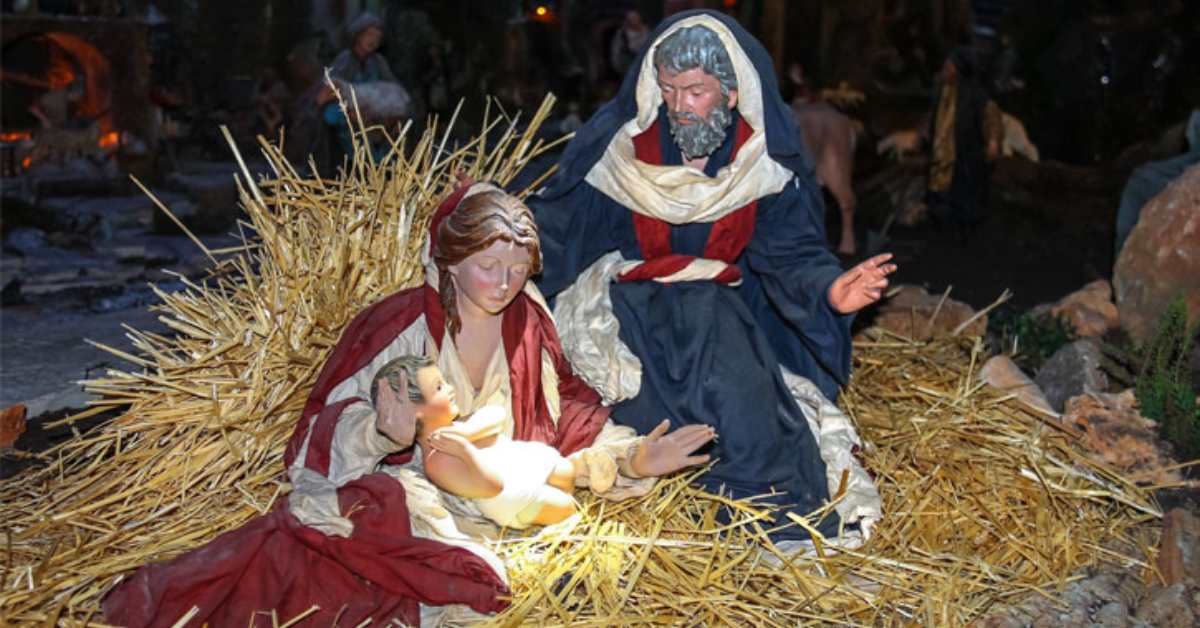 manger scene with Mary, Joseph, and Jesus