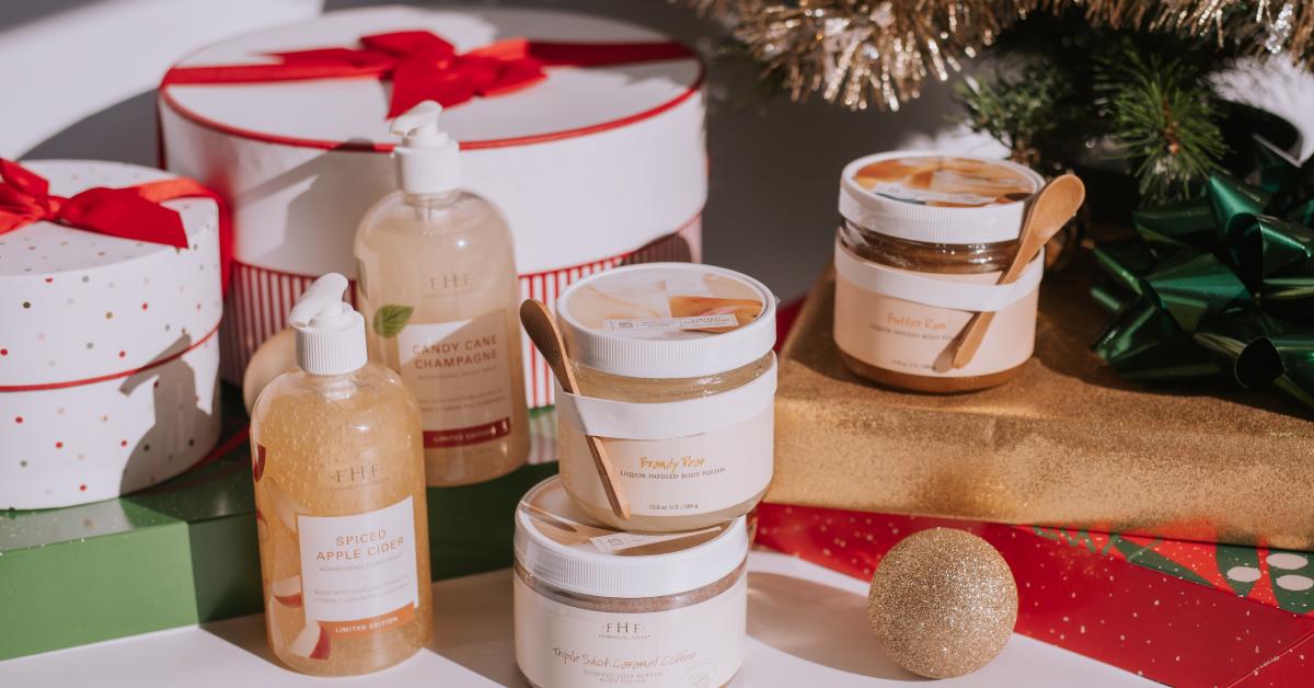 a collection of wellness products with holiday decor