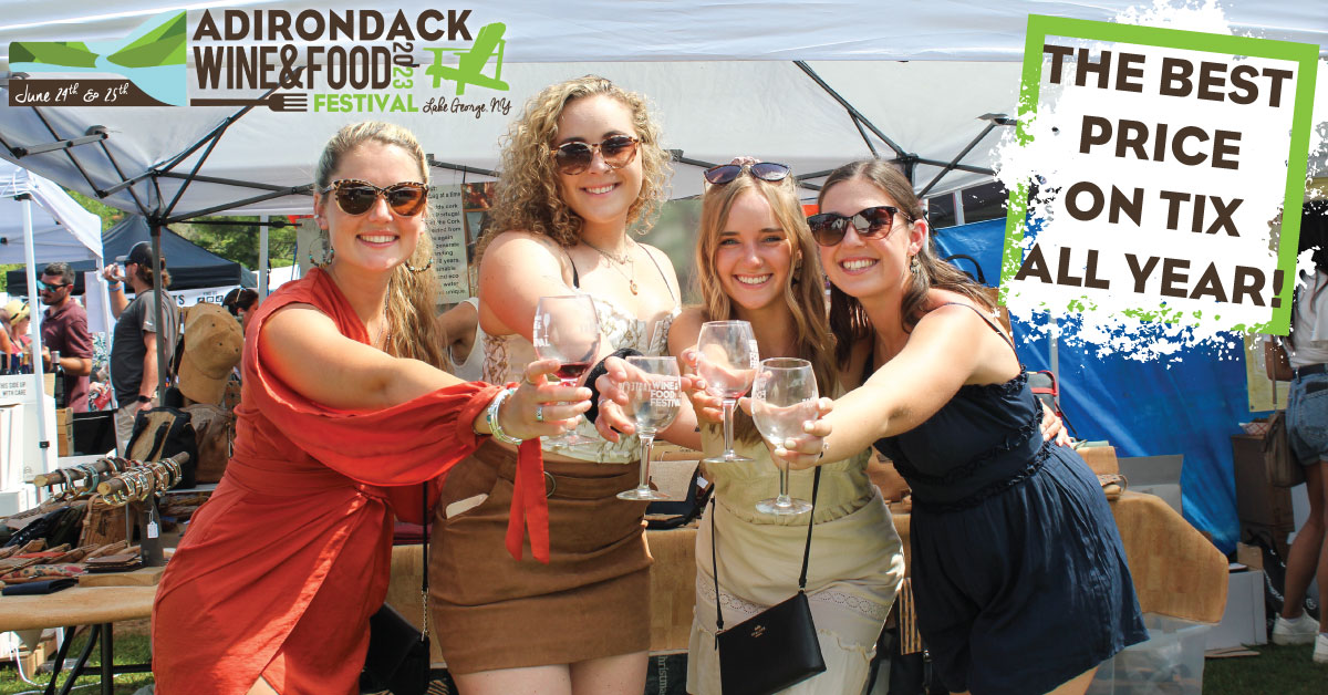 four women cheers wine glasses at festival, text says the best price on tix all year
