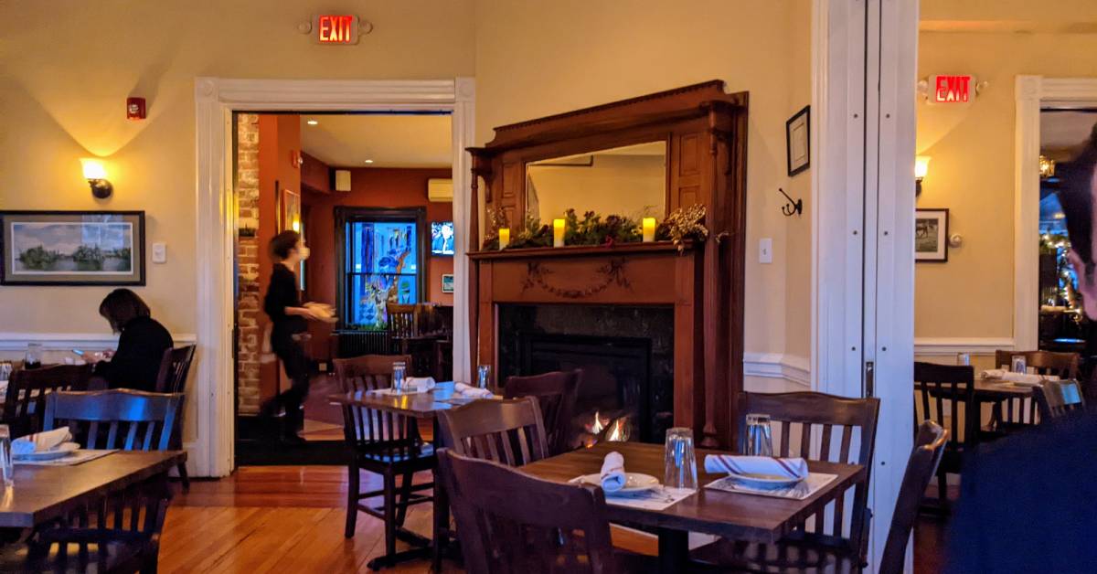 dining area in restaurant with fireplace