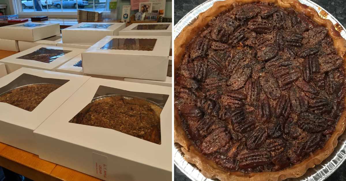 left image of pies in boxes and right image of a pecan pie