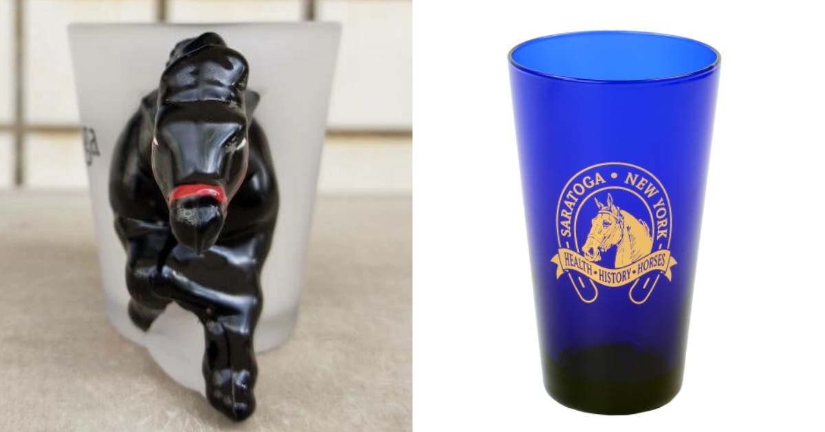 horse shot glass and a cobalt glass with horse logo