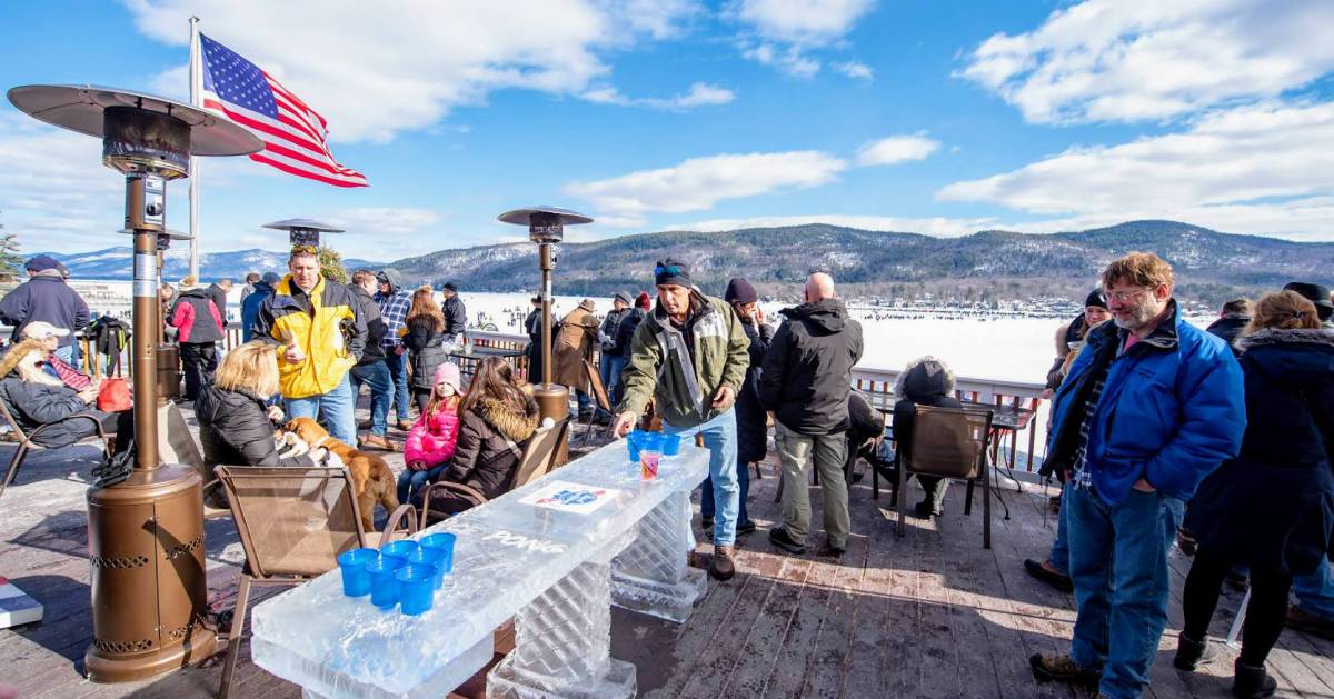 ice bar set up at outdoor bar deck in the winter