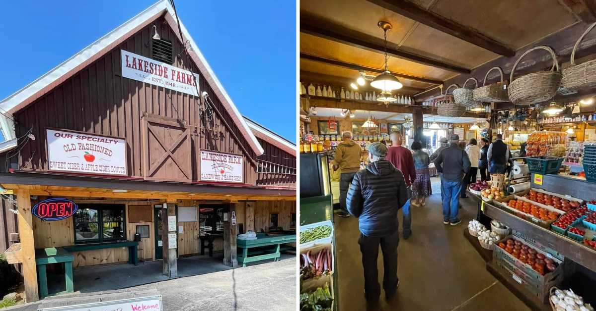 left image of Lakeside Farms storefront and right image of people waiting in line inside a country store