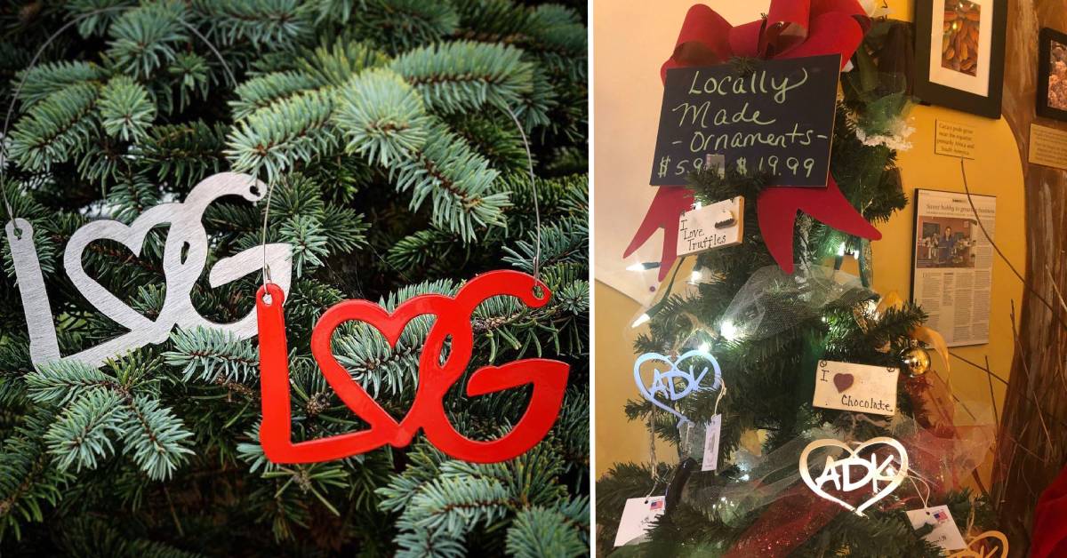 love is on lake george ornments, tree with adk ornaments