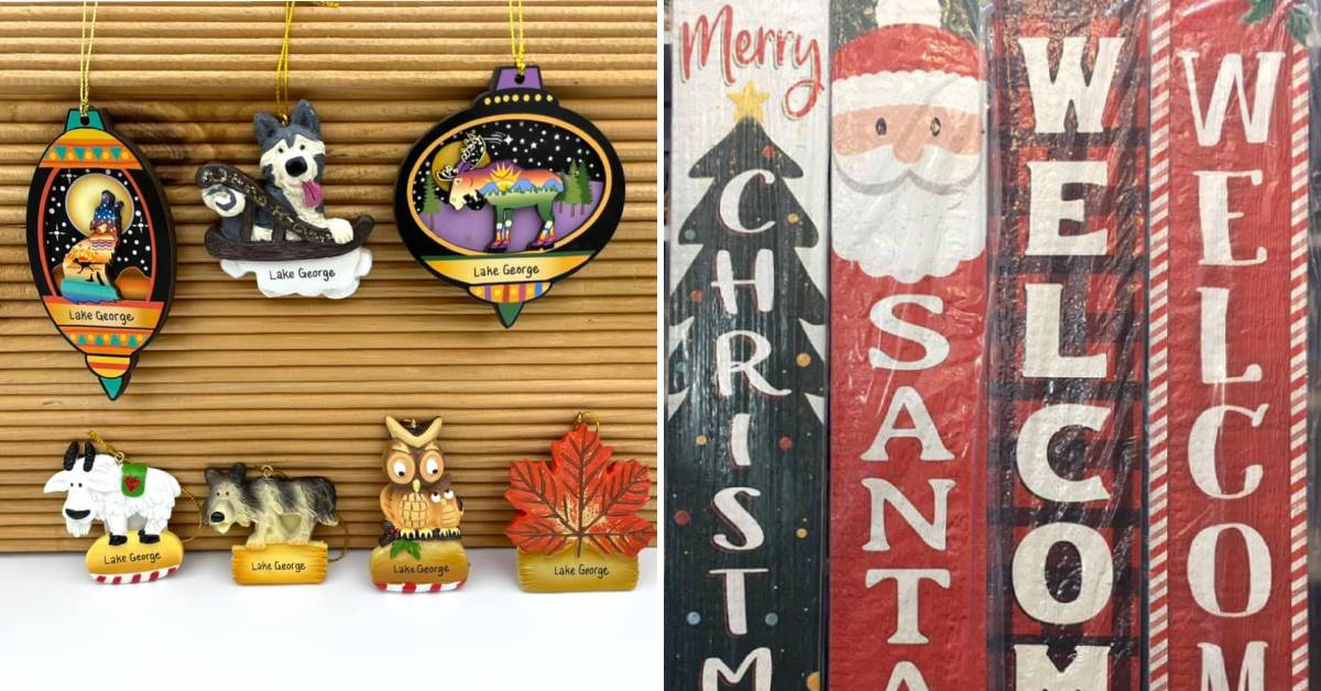 split image with ornaments on the left and Christmas signs on the right