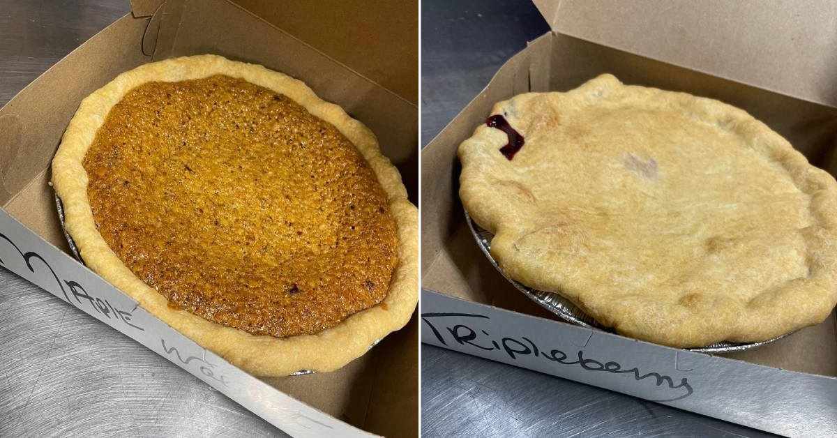 left image of a maple walnut pie and right image of a triple berry pie