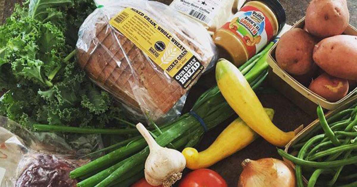 vegetables and products laid out