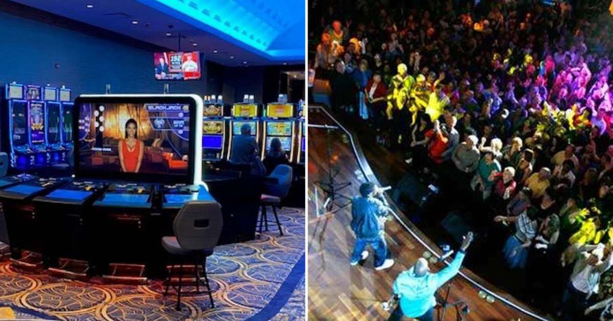 split photo, casino on the left, nightclub with dj on the right
