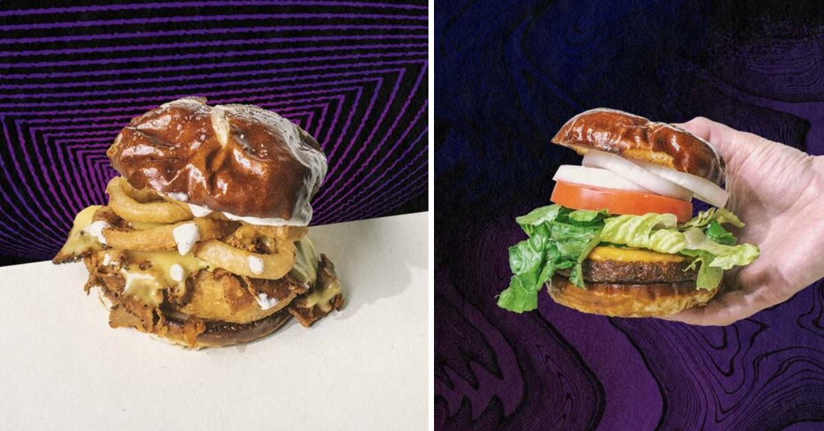 two images of burgers in front of a purple background