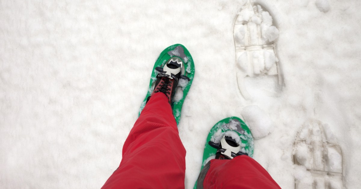 snowshoer with red pants and green snowshoes