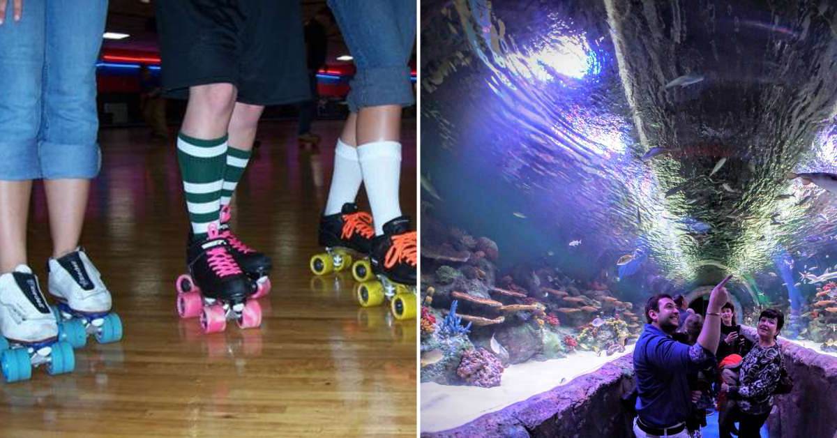 split photo, roller skaters on the left, people in an aquarium tunnel on the right