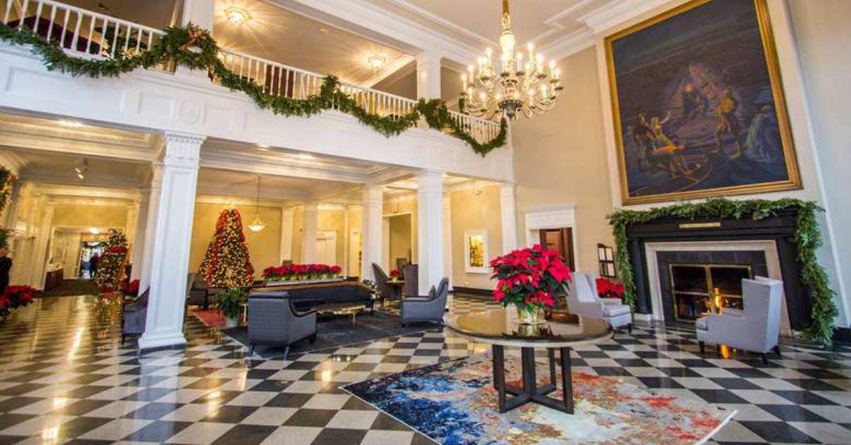 holiday decor in the queensbury hotel lobby