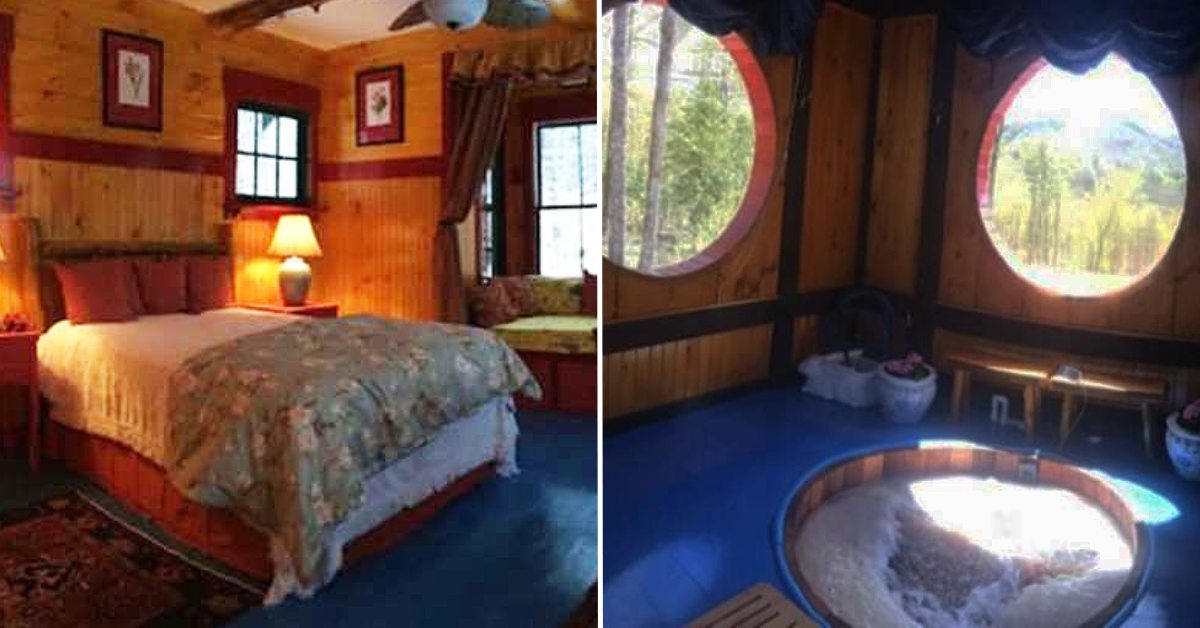 split image, bedroom on the left and small cedar bath on the right
