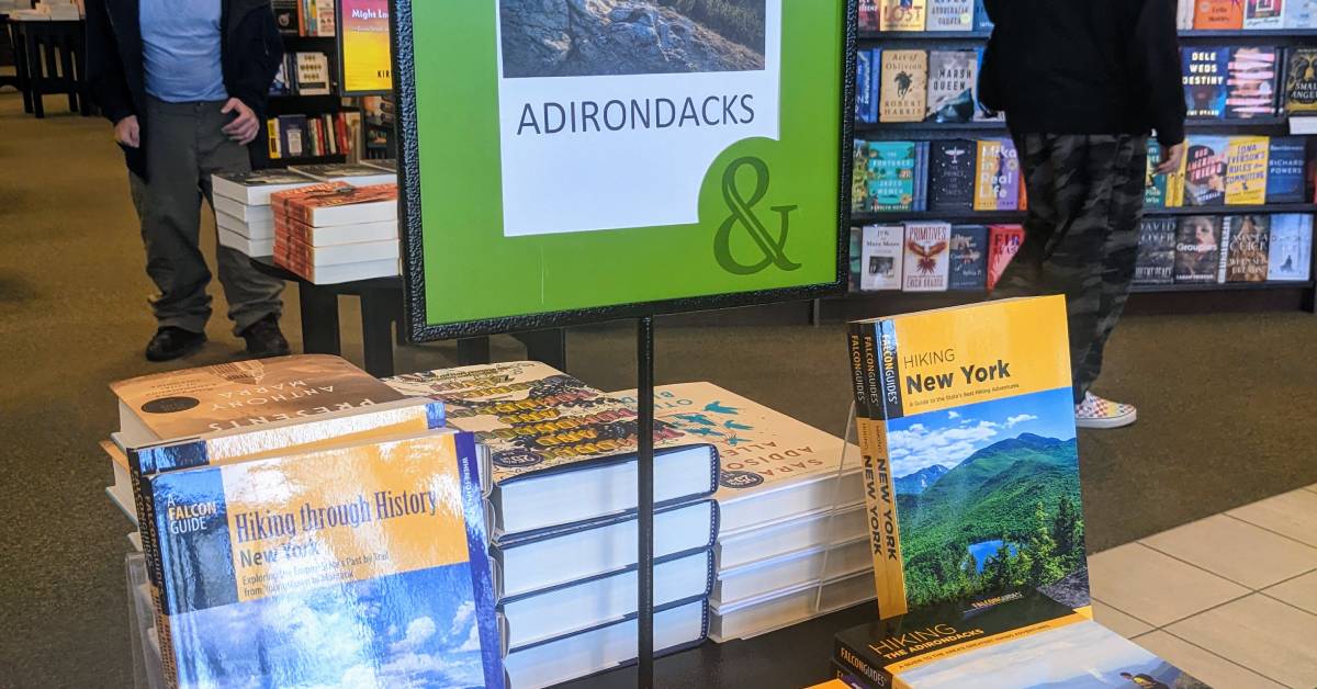 book display for Adirondacks and hiking books in store