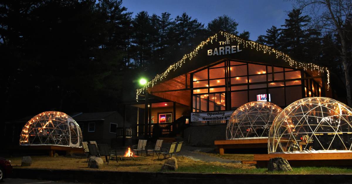 outdoor dining igloos outside The Barrel restaurant