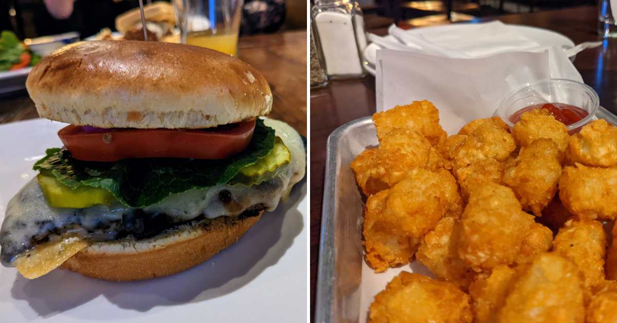 burger on left, tator tots on right