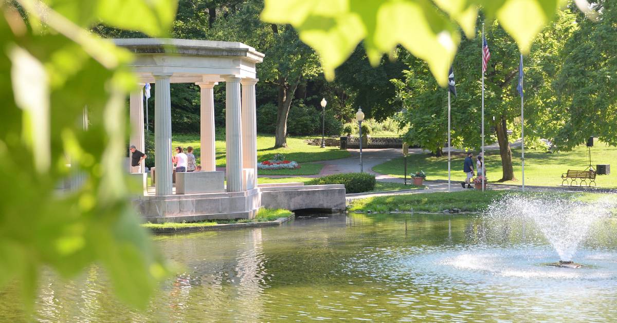 pavilion and fountain in a pond at congress park