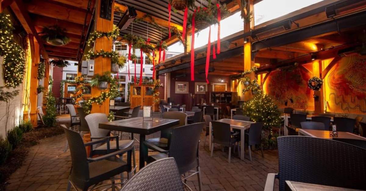 tables under a covered brewery patio