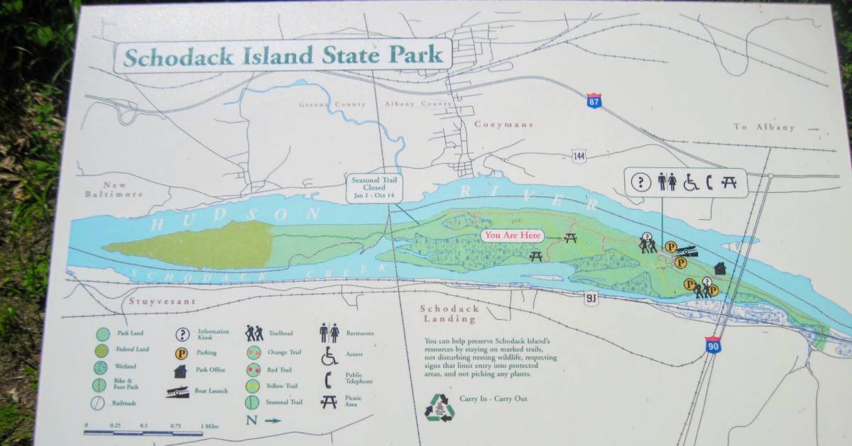 map of Schodack Island State Park on a display outdoors