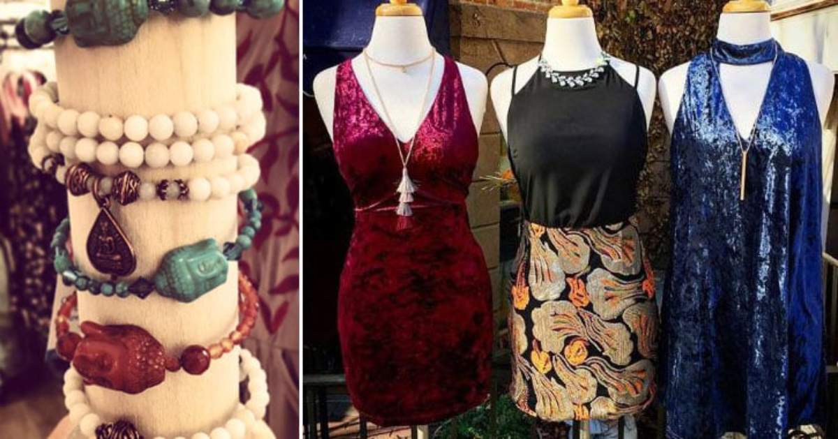 split image, bracelets on the left and dresses on the right