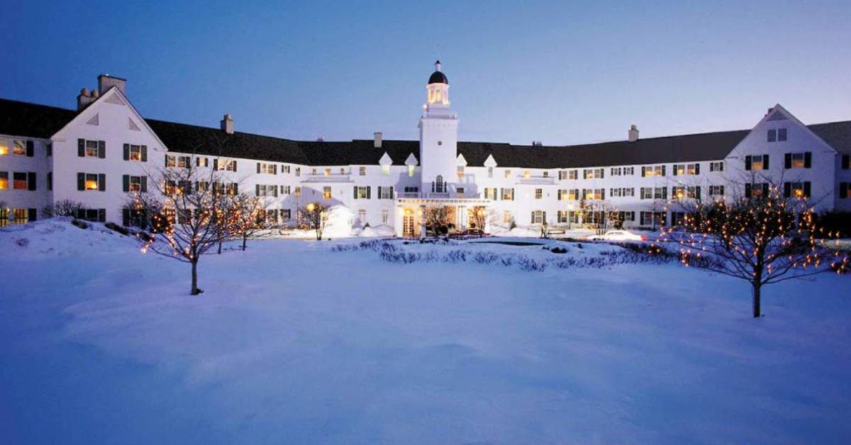 exterior of the sagamore hotel in winter with snow on the ground