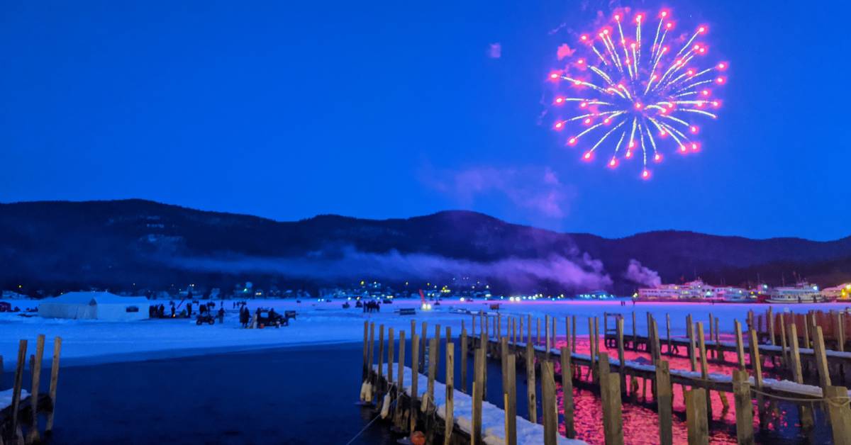 winter carnival fireworks over lake