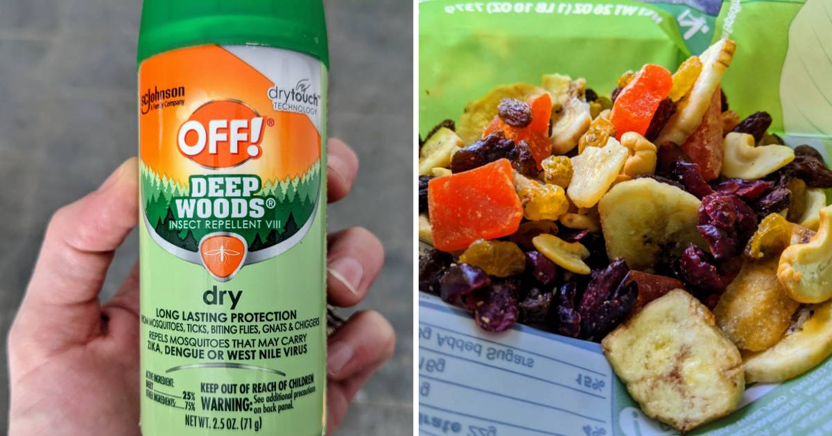 bug spray on left, trail mix on right