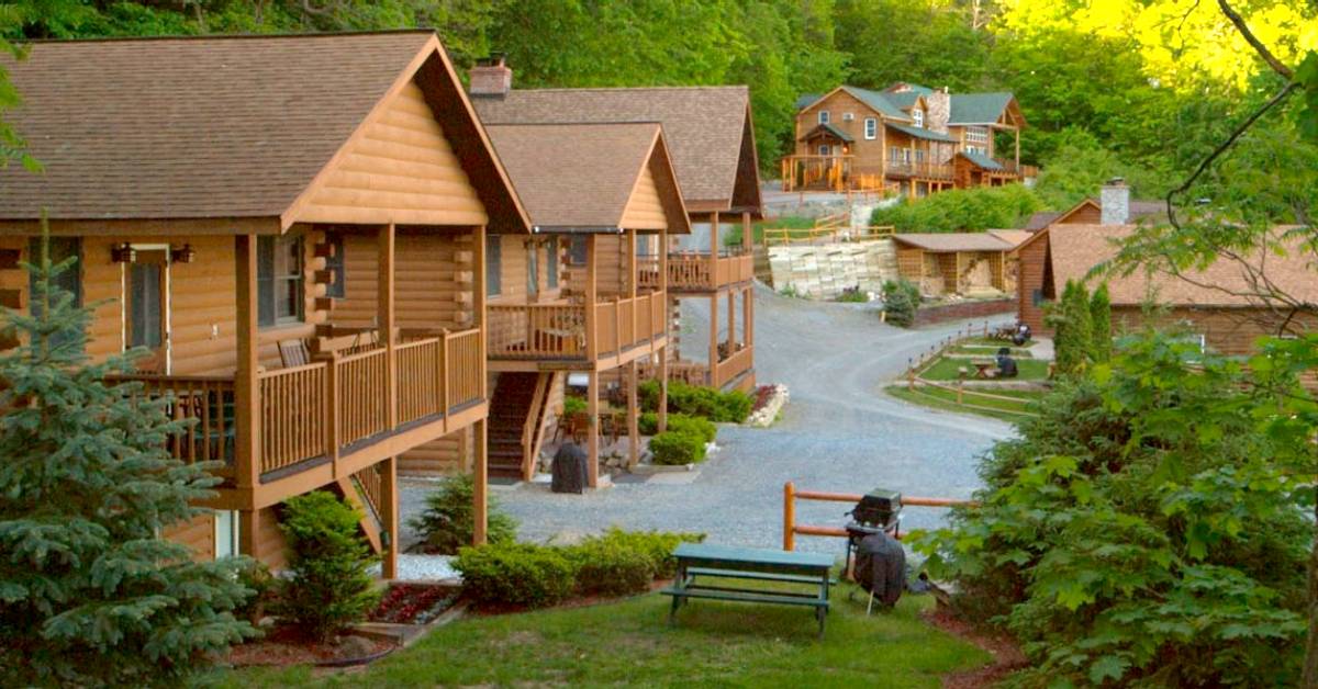 row of cabins at a resort