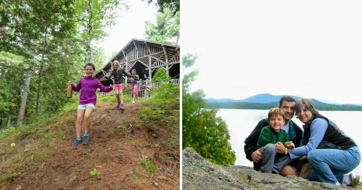 split image with kids coming down a hill on the left and parents posing with their kid by water on the right